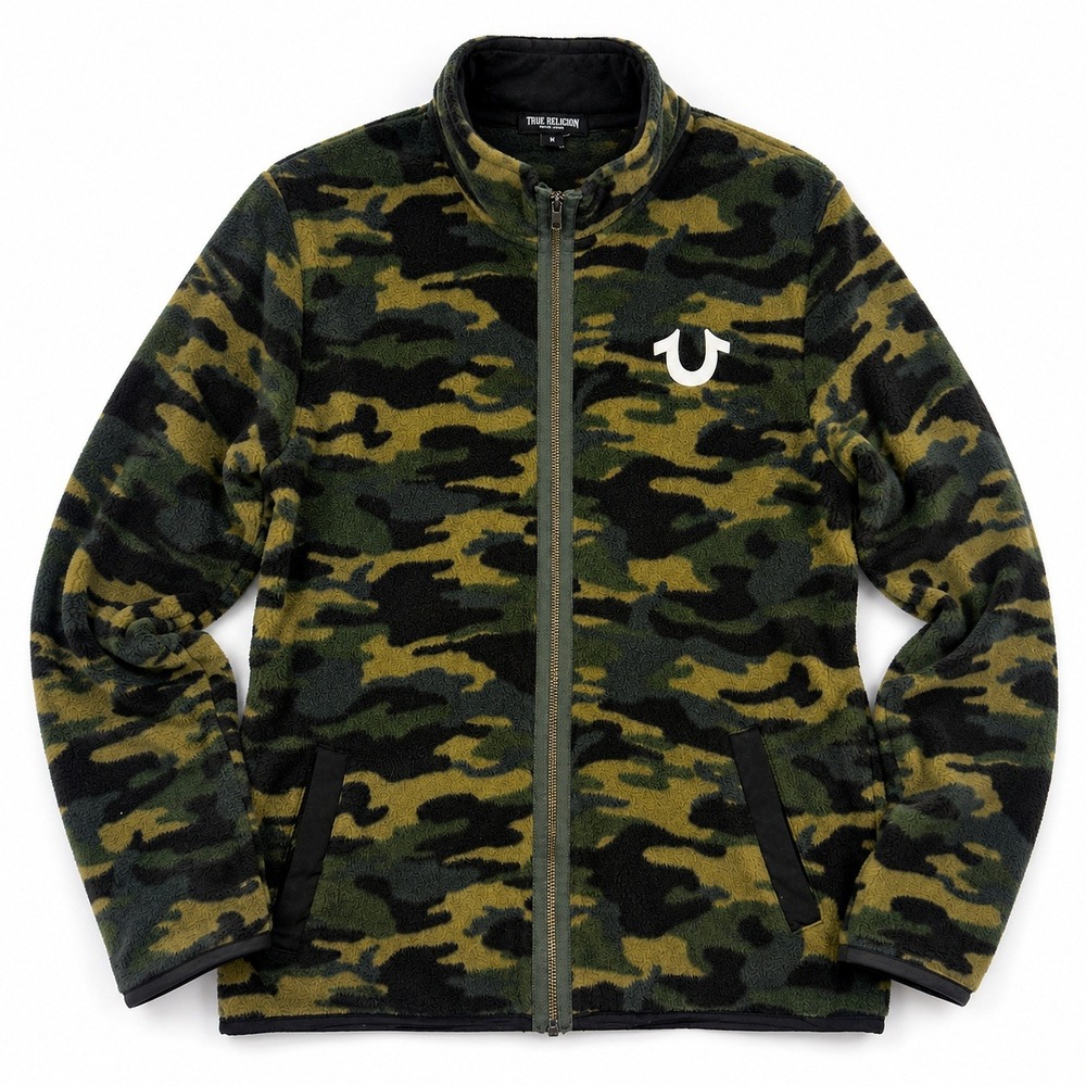 True Religion Mens Camo Fleece Full Zip Jacket Horseshoe Logo Green Large